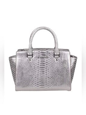 Michael Kors Selma Satchel Metallic Silver Python Embossed Leather Handbag